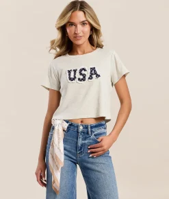 LE LIS USA Lace Cropped T-Shirt Light Heather Grey