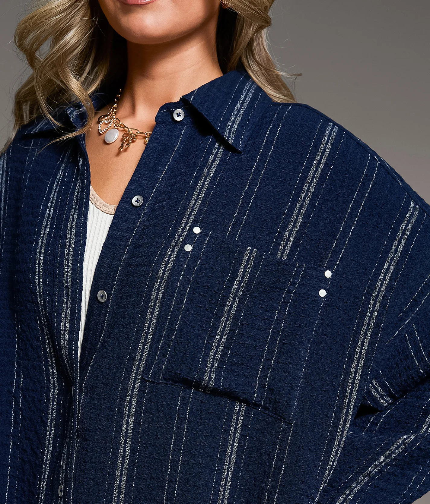 BKE Variegated Stripe Oversized Shirt Navy White Sale