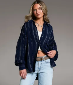 BKE Variegated Stripe Oversized Shirt Navy White Sale
