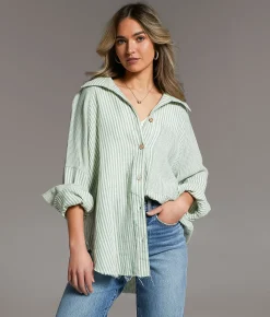 Tops | BKE Variegated Stripe Oversized Shirt Dark Olive