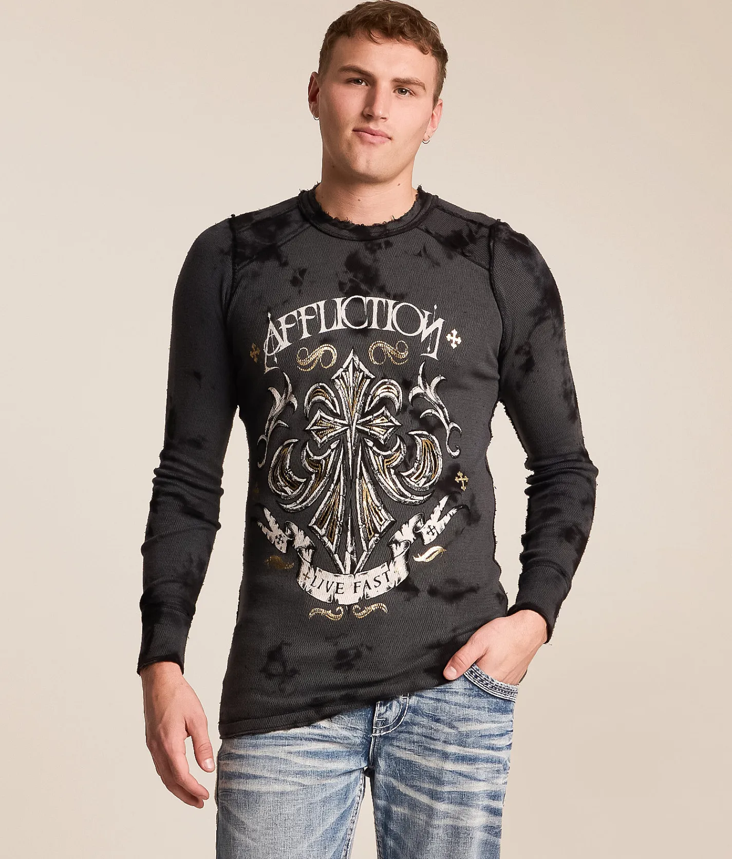 Tops|Graphic T-Shirts | Affliction Vibration Reversible Thermal Char Blk Crystal Wash Blk