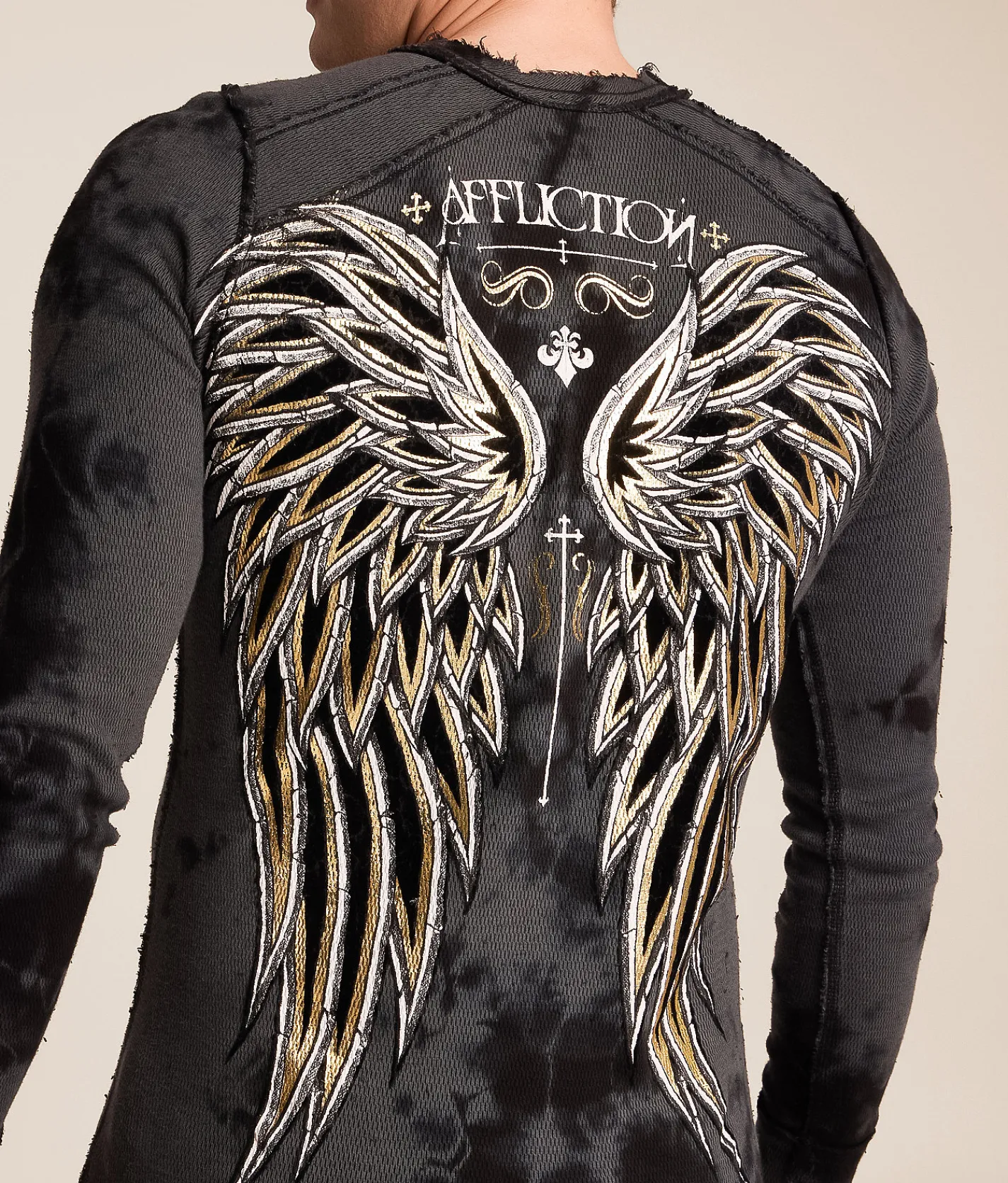 Tops|Graphic T-Shirts | Affliction Vibration Reversible Thermal Char Blk Crystal Wash Blk