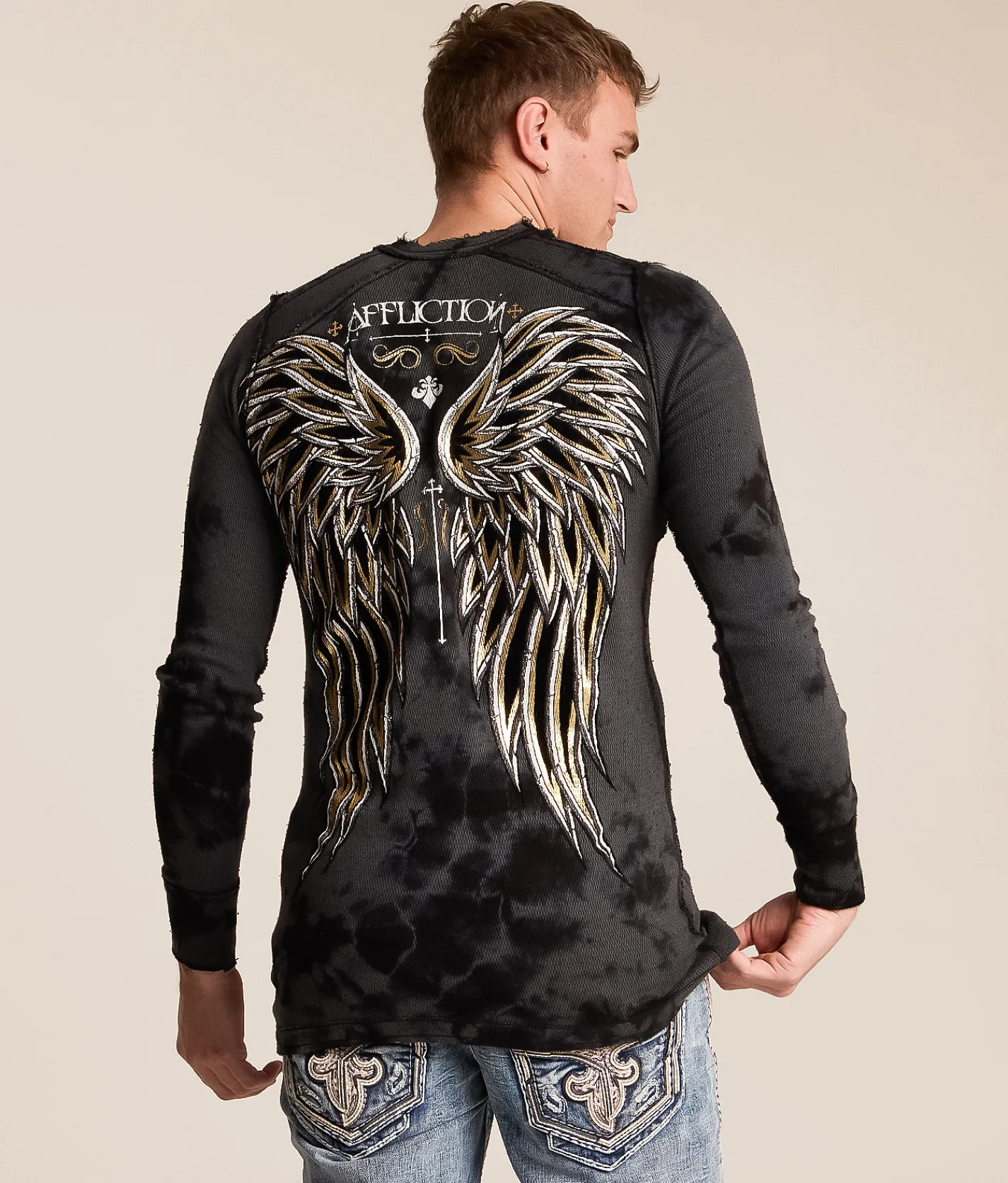 Tops|Graphic T-Shirts | Affliction Vibration Reversible Thermal Char Blk Crystal Wash Blk