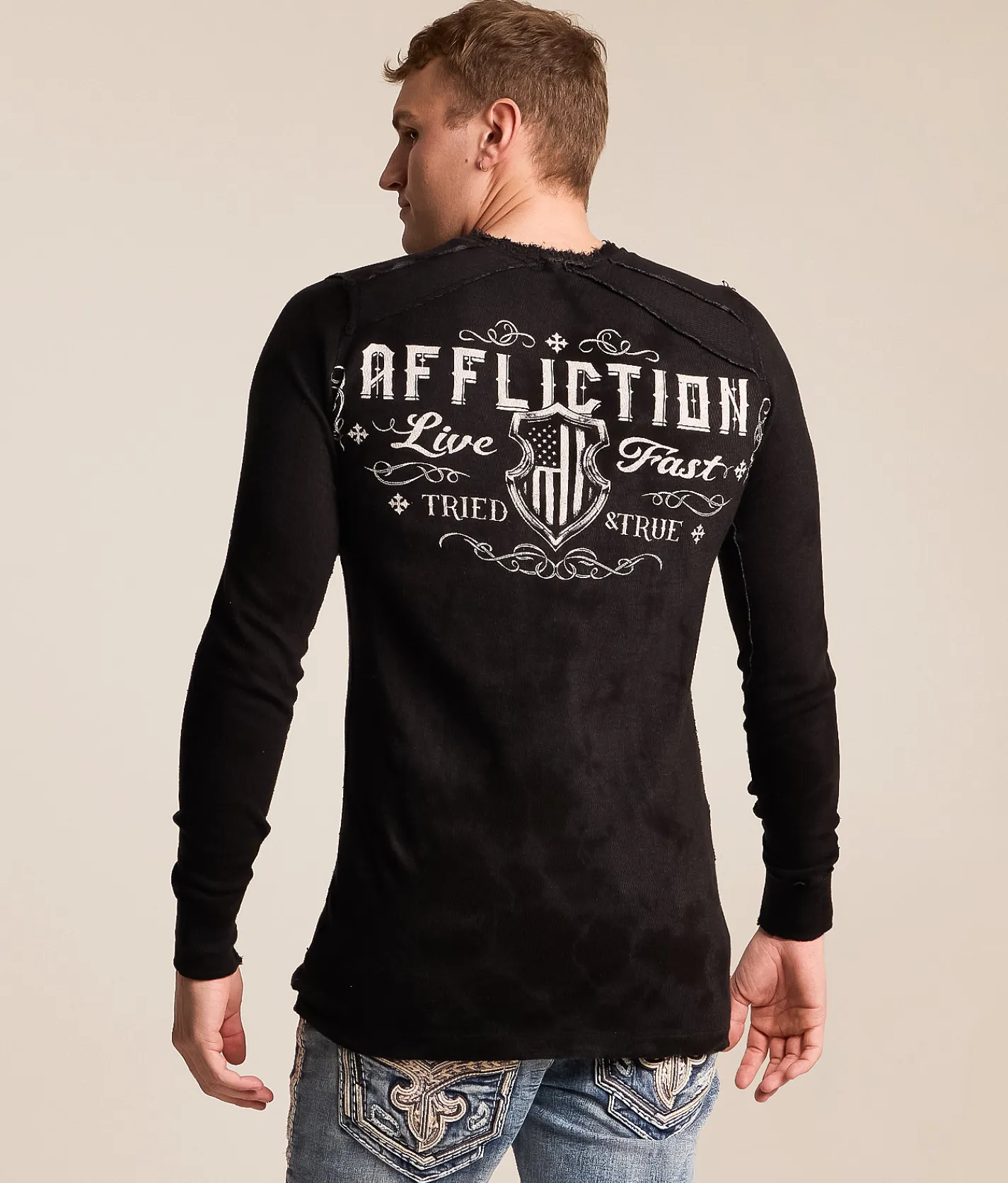 Tops|Graphic T-Shirts | Affliction Vibration Reversible Thermal Char Blk Crystal Wash Blk