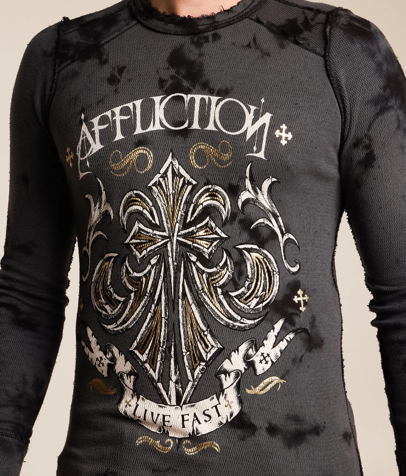 Tops|Graphic T-Shirts | Affliction Vibration Reversible Thermal Char Blk Crystal Wash Blk