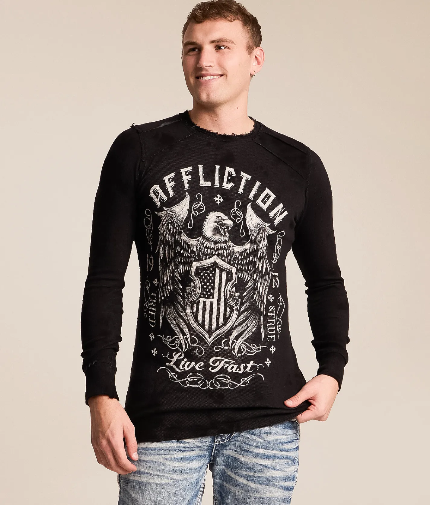 Tops|Graphic T-Shirts | Affliction Vibration Reversible Thermal Char Blk Crystal Wash Blk