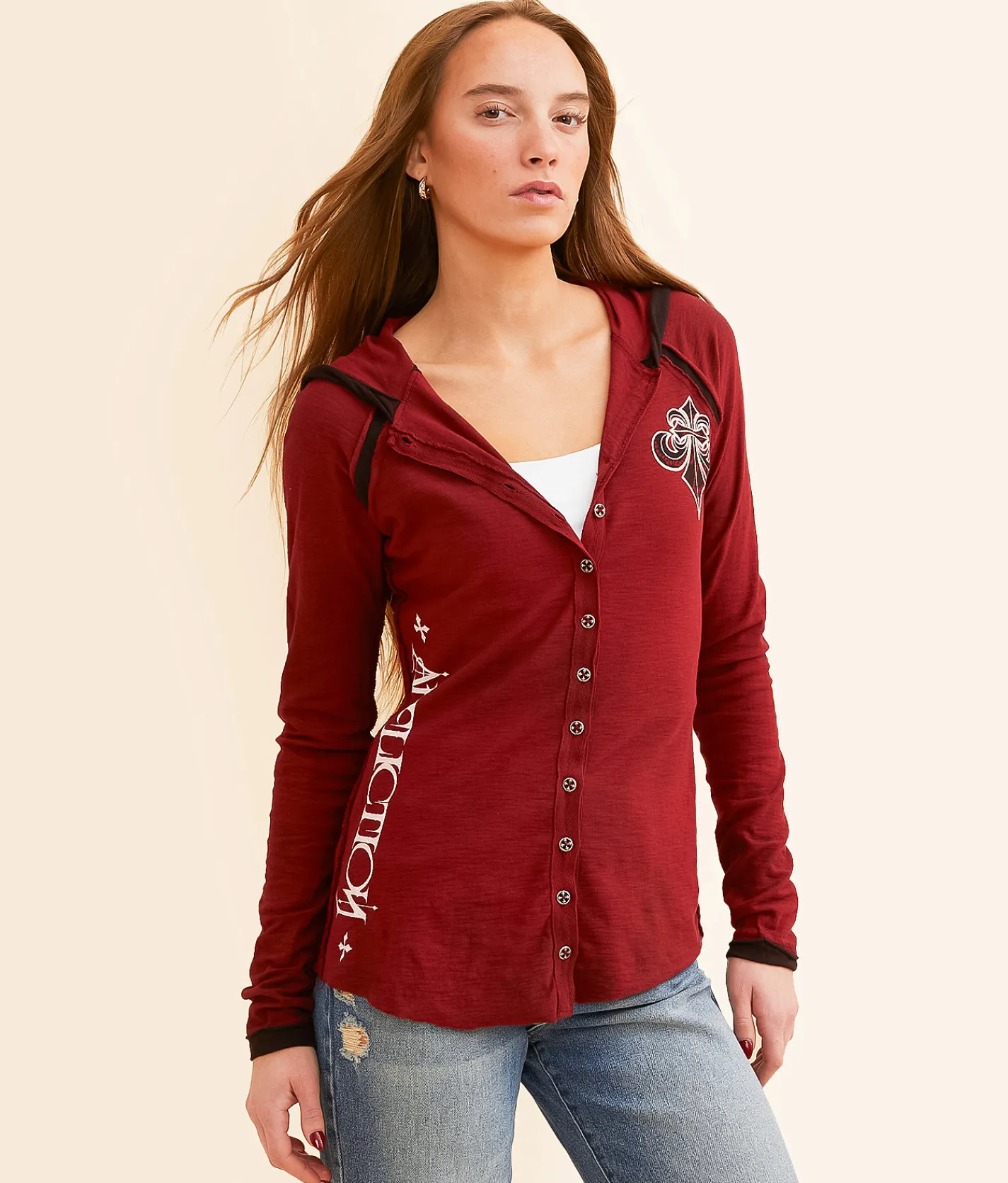 Affliction Victorian Hooded Shirt Indigo Mood Tea Stain Sale
