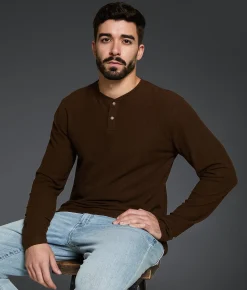 Tops | Outpost Makers Waffle Henley Black Brown