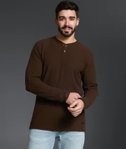 Tops | Outpost Makers Waffle Henley Black Brown