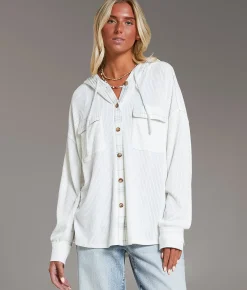 Tops | BKE Waffle Knit Boyfriend Hooded Shirt Cream Vetiver