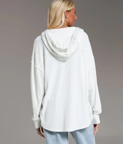 Tops | BKE Waffle Knit Boyfriend Hooded Shirt Cream Vetiver