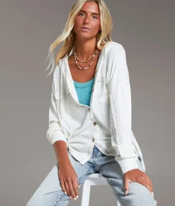 Tops | BKE Waffle Knit Boyfriend Hooded Shirt Cream Vetiver