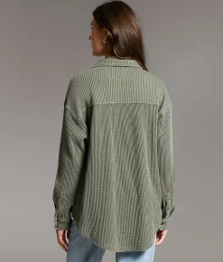 Tops | BKE Waffle Knit Boyfriend Shirt Thyme
