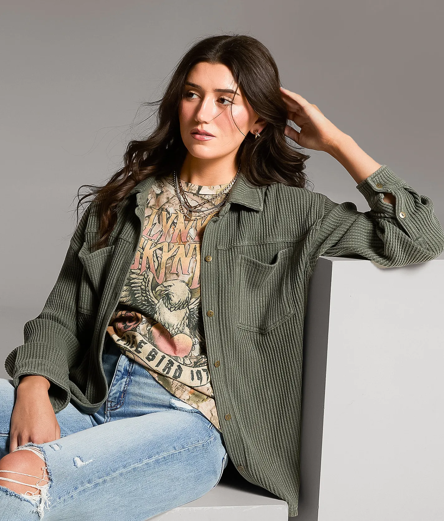 Tops | BKE Waffle Knit Boyfriend Shirt Thyme
