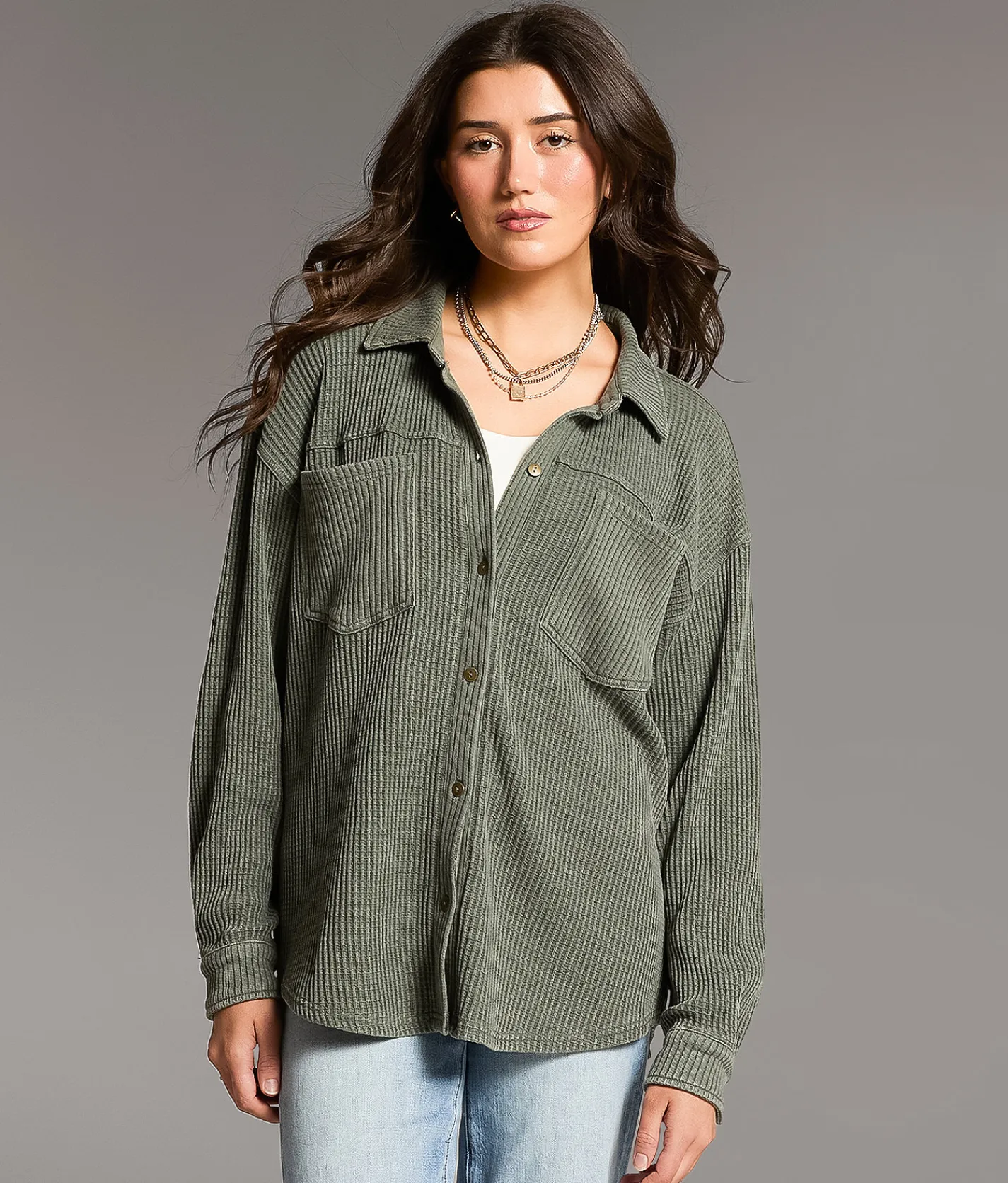 Tops | BKE Waffle Knit Boyfriend Shirt Thyme
