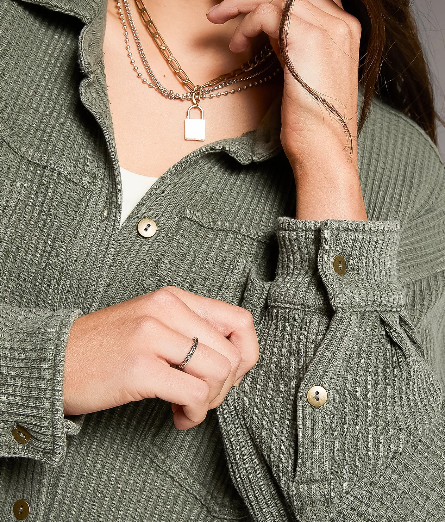 Tops | BKE Waffle Knit Boyfriend Shirt Thyme