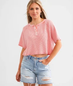 FITZ + EDDI Waffle Knit Cropped Henley Peaches and Cream Hot