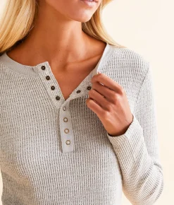 Tops | BKE Waffle Knit Henley Steeple Grey