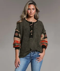 BKE Waffle Knit Henley Washed Black New