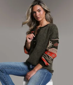 BKE Waffle Knit Henley Washed Black New