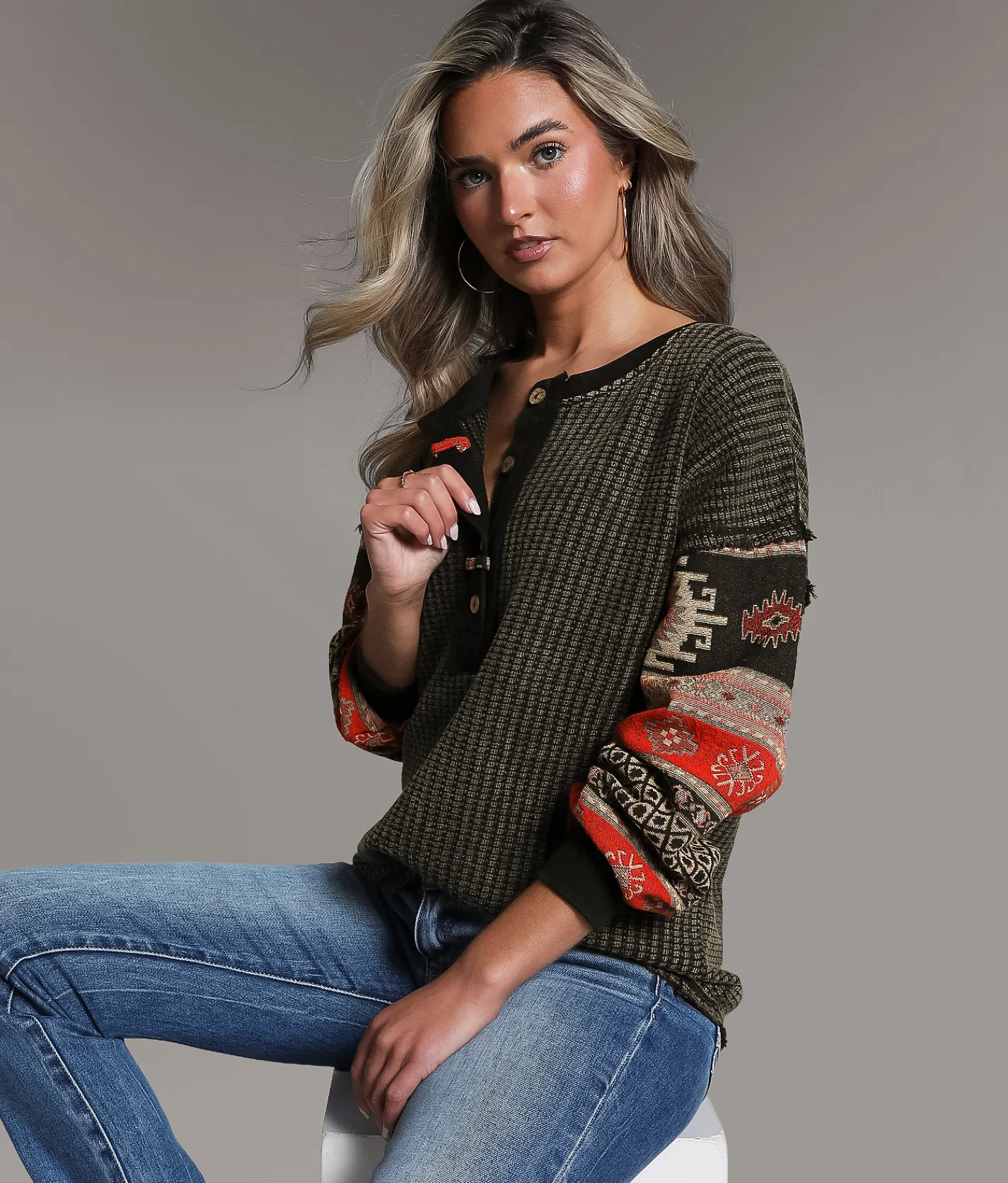 BKE Waffle Knit Henley Washed Black New