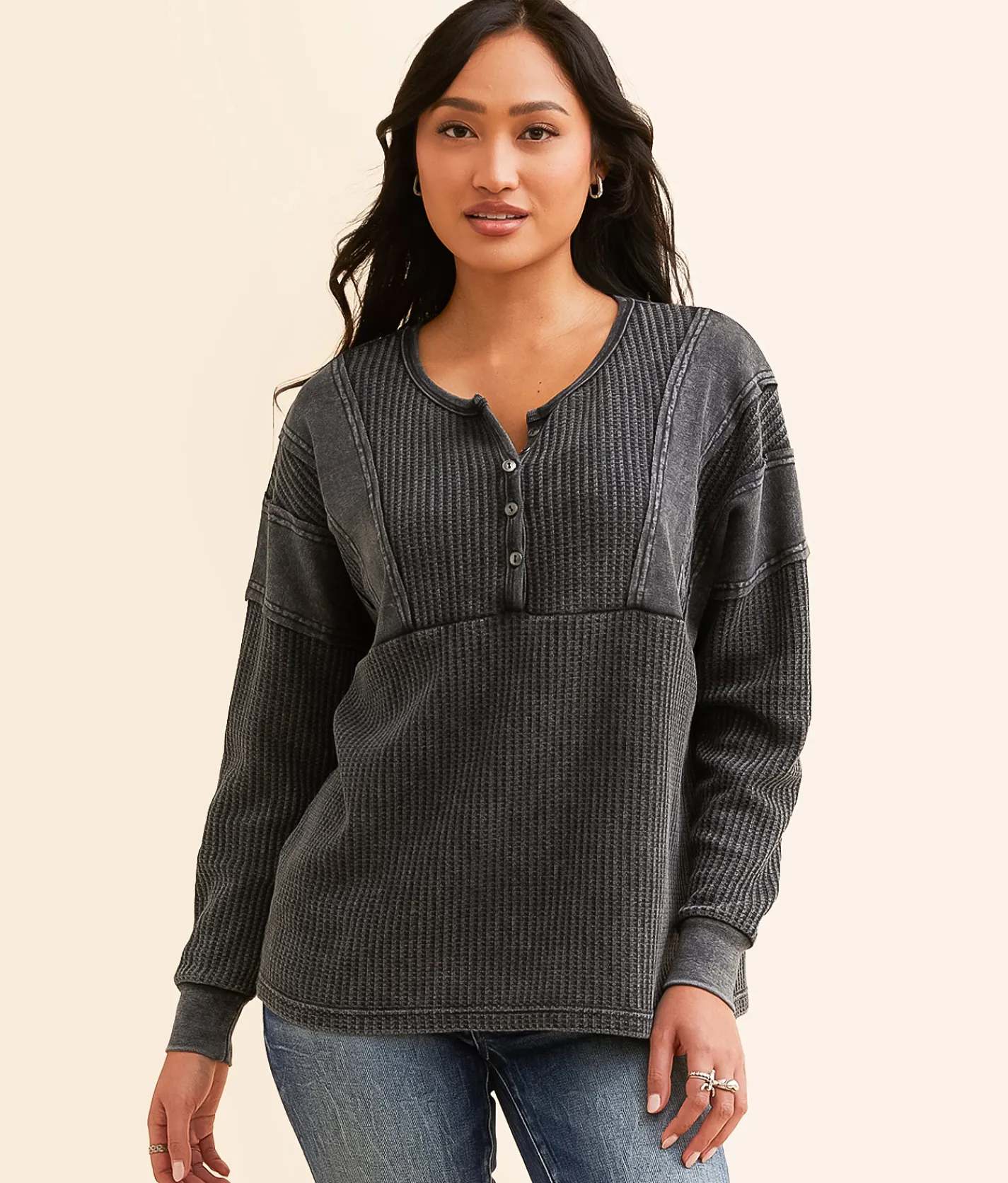 BKE Waffle Knit Henley Greige Hot