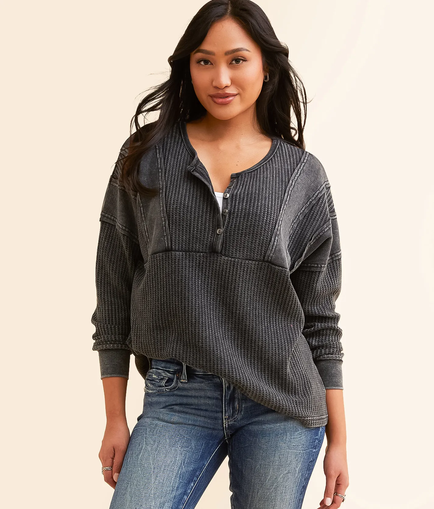 BKE Waffle Knit Henley Greige Hot