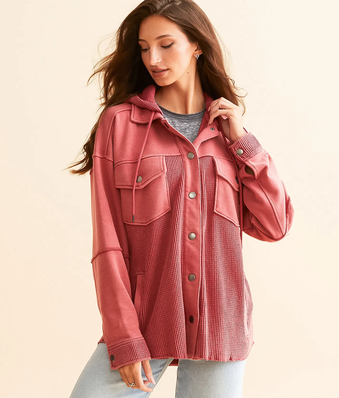 BKE Waffle Knit Hooded Jacket Earth Red Hot