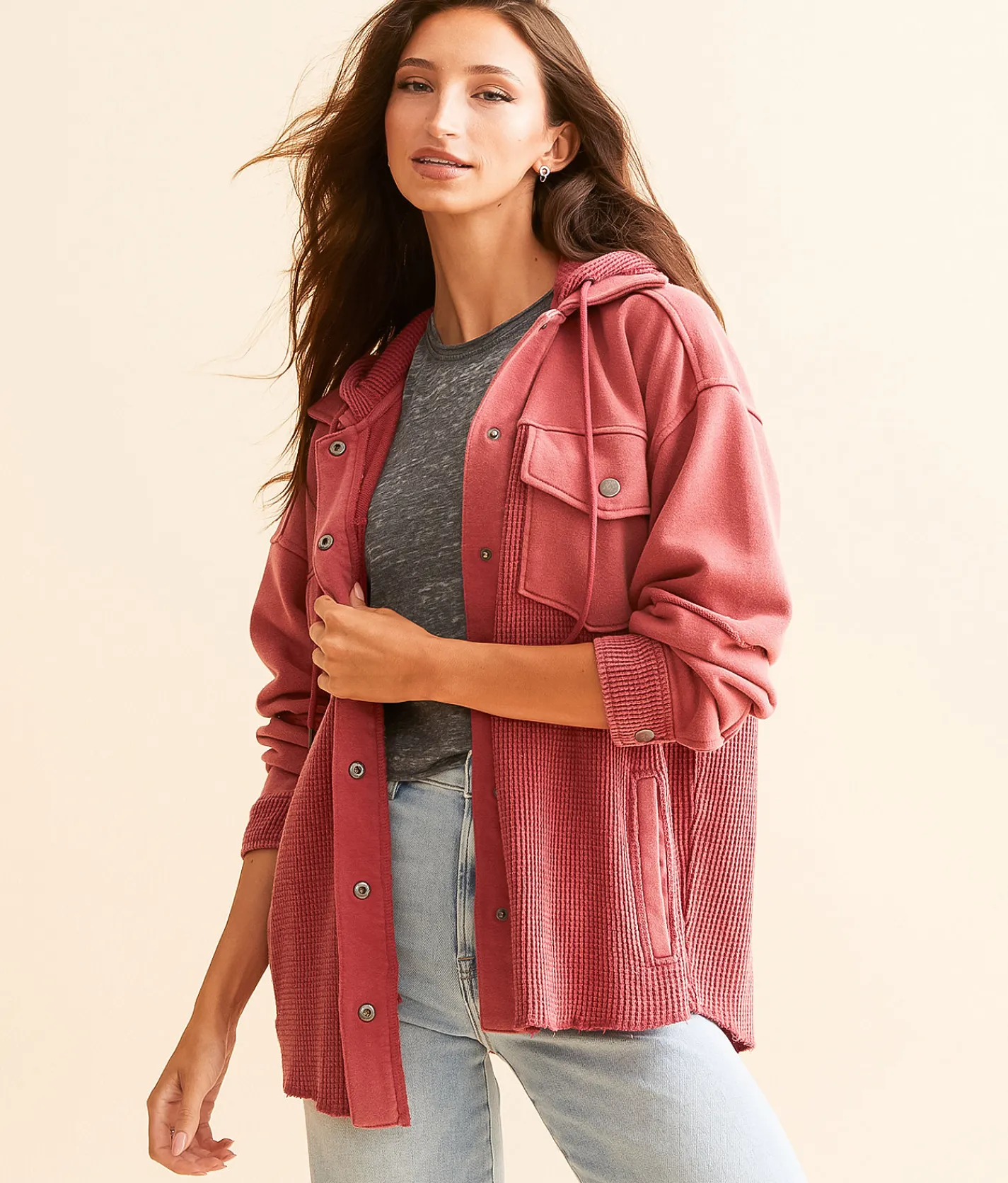 BKE Waffle Knit Hooded Jacket Earth Red Hot