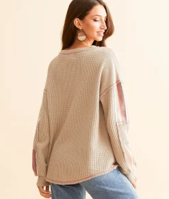 BKE Waffle Knit Striped Top Brown Clearance