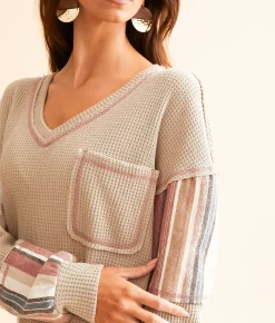 BKE Waffle Knit Striped Top Brown Clearance