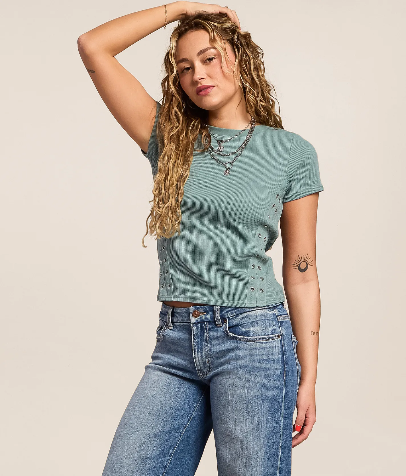 Gilded Intent Waffle Knit Top Trellis Clearance