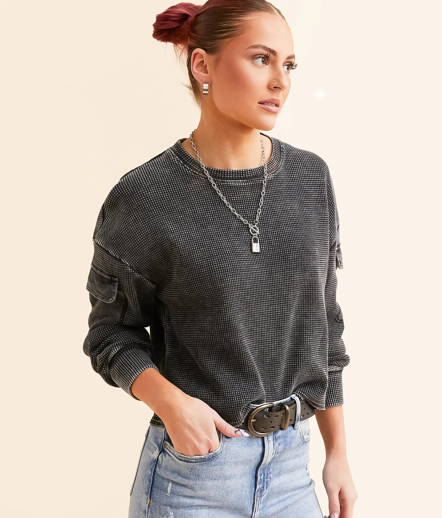 Gilded Intent Waffle Knit Top Washed Black Discount