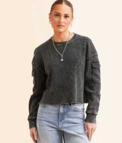 Gilded Intent Waffle Knit Top Washed Black Discount