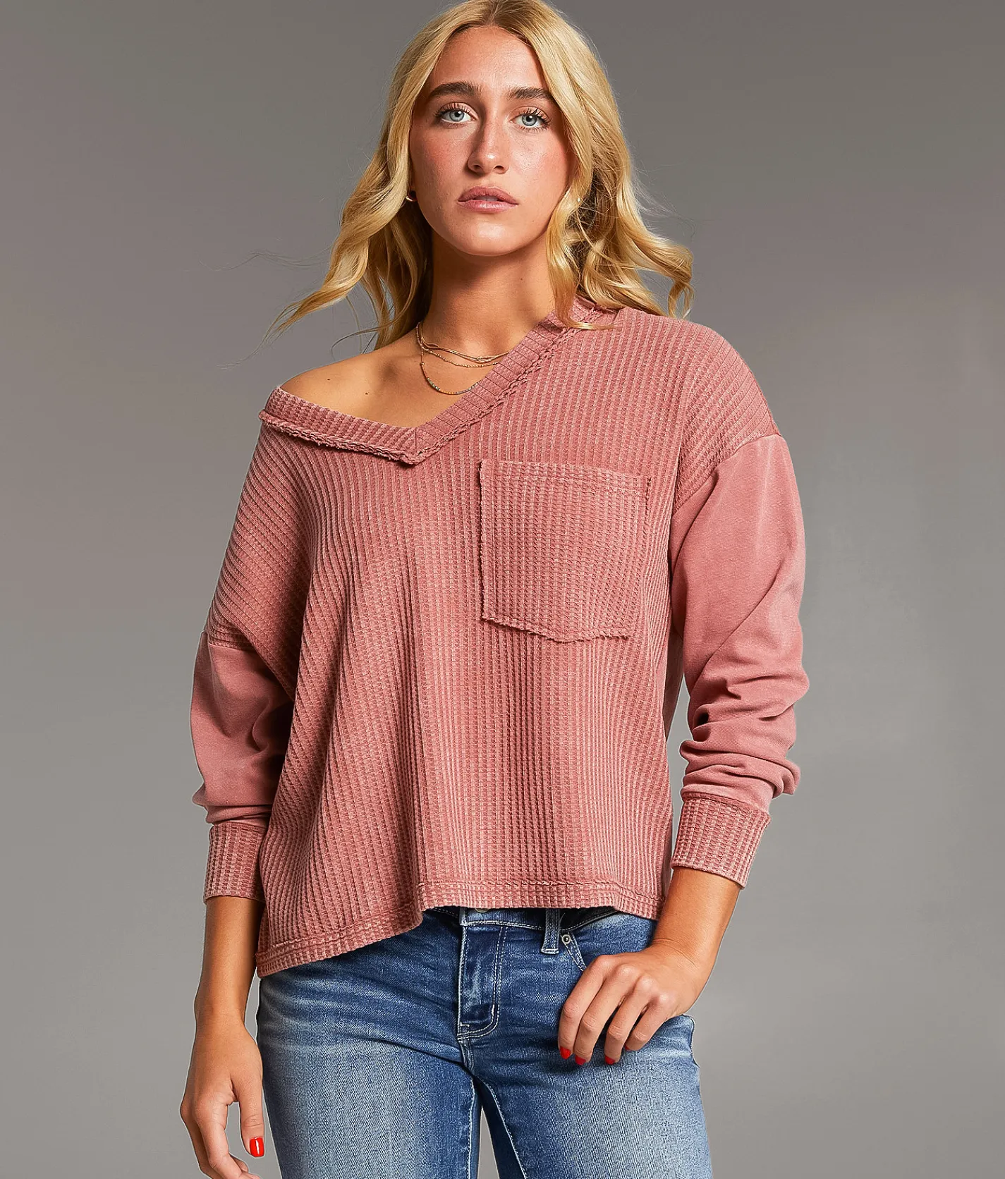 BKE Waffle Knit Top Thyme Outlet