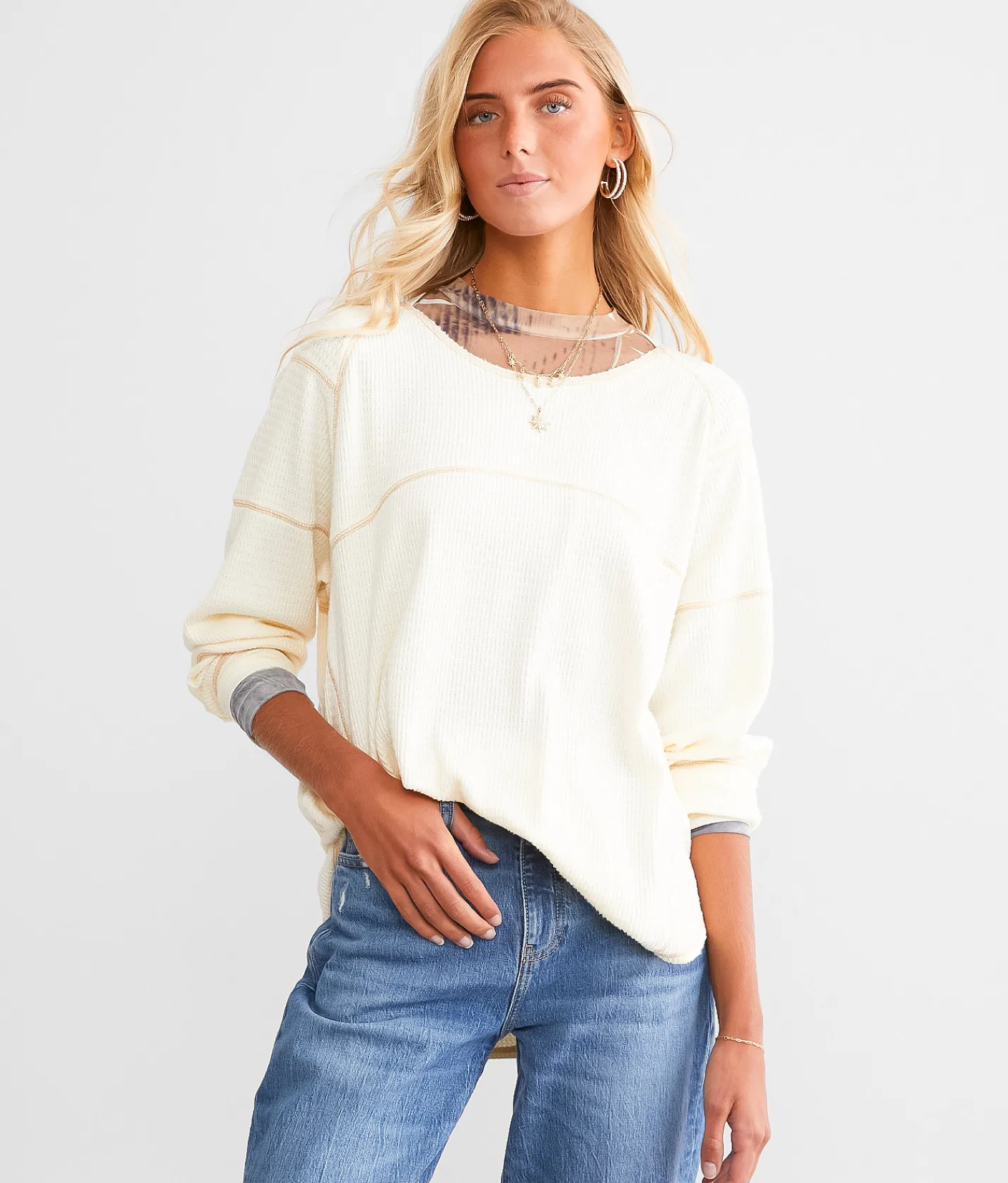 BKE Waffle Knit Top Cream