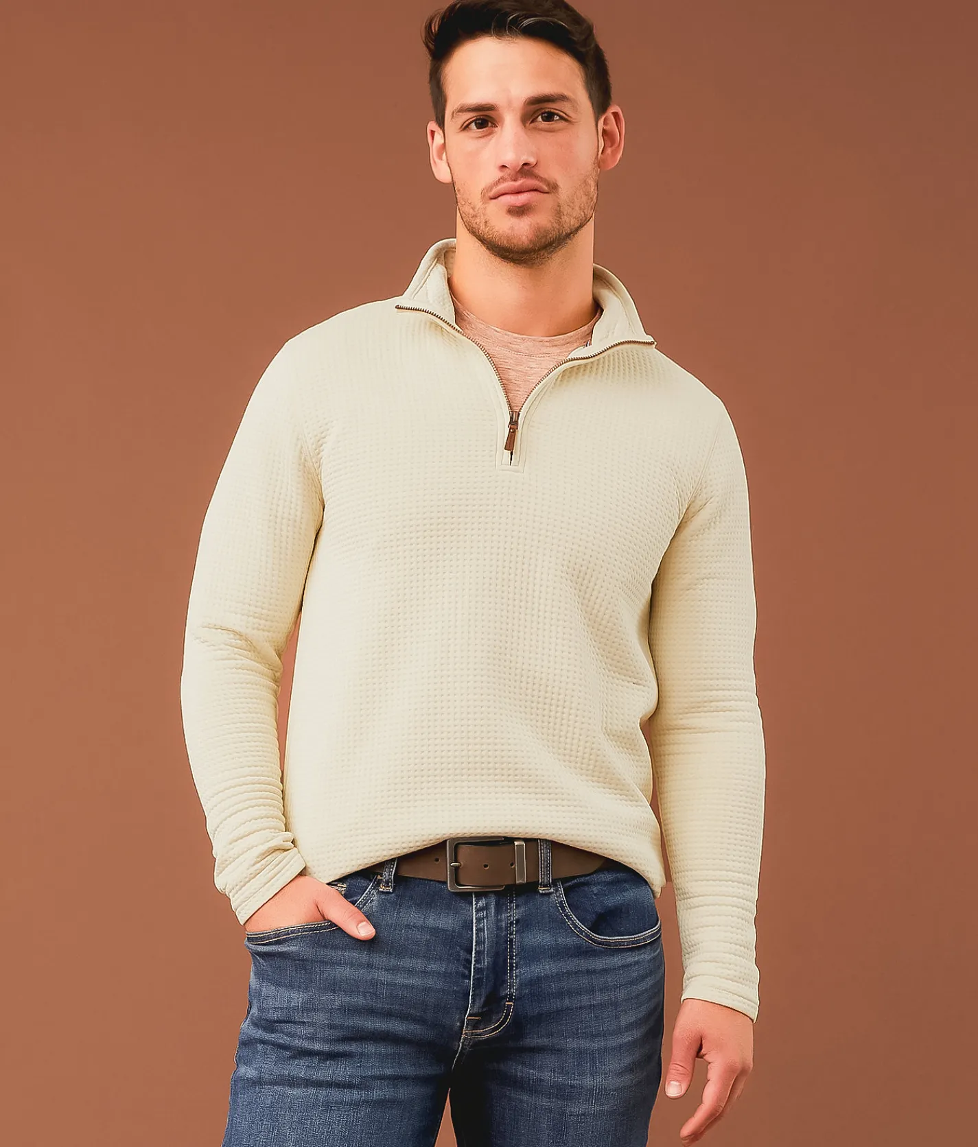 Outpost Makers Waffle Quarter Zip Pullover Summer Sand New