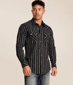 Tops | Rock & Roll Denim Wallpaper Stretch Shirt Black