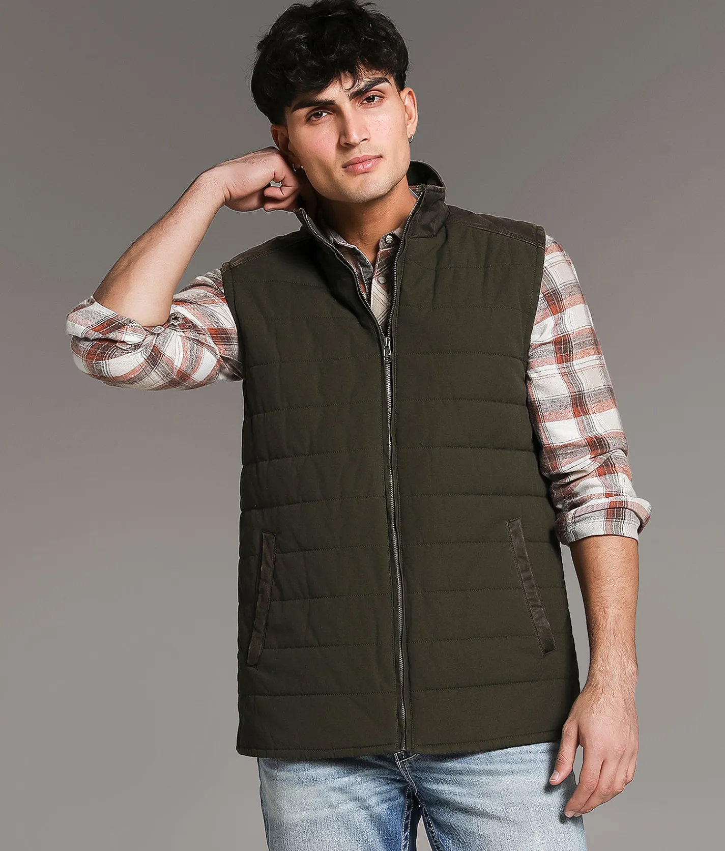 BKE Washed Canvas Vest Green Brown Best