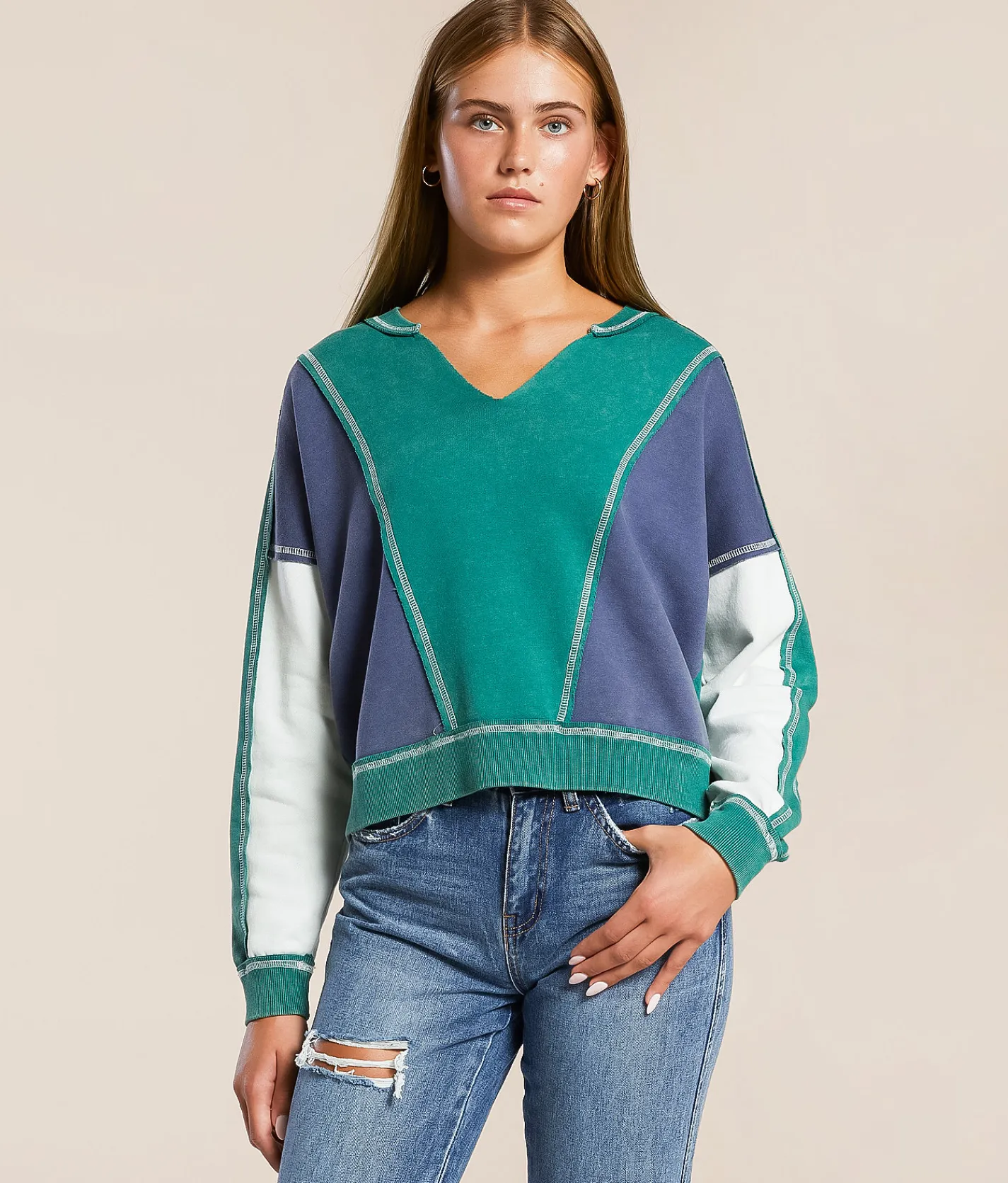 Tops | FITZ + EDDI Washed Color Block Pullover Antique Green