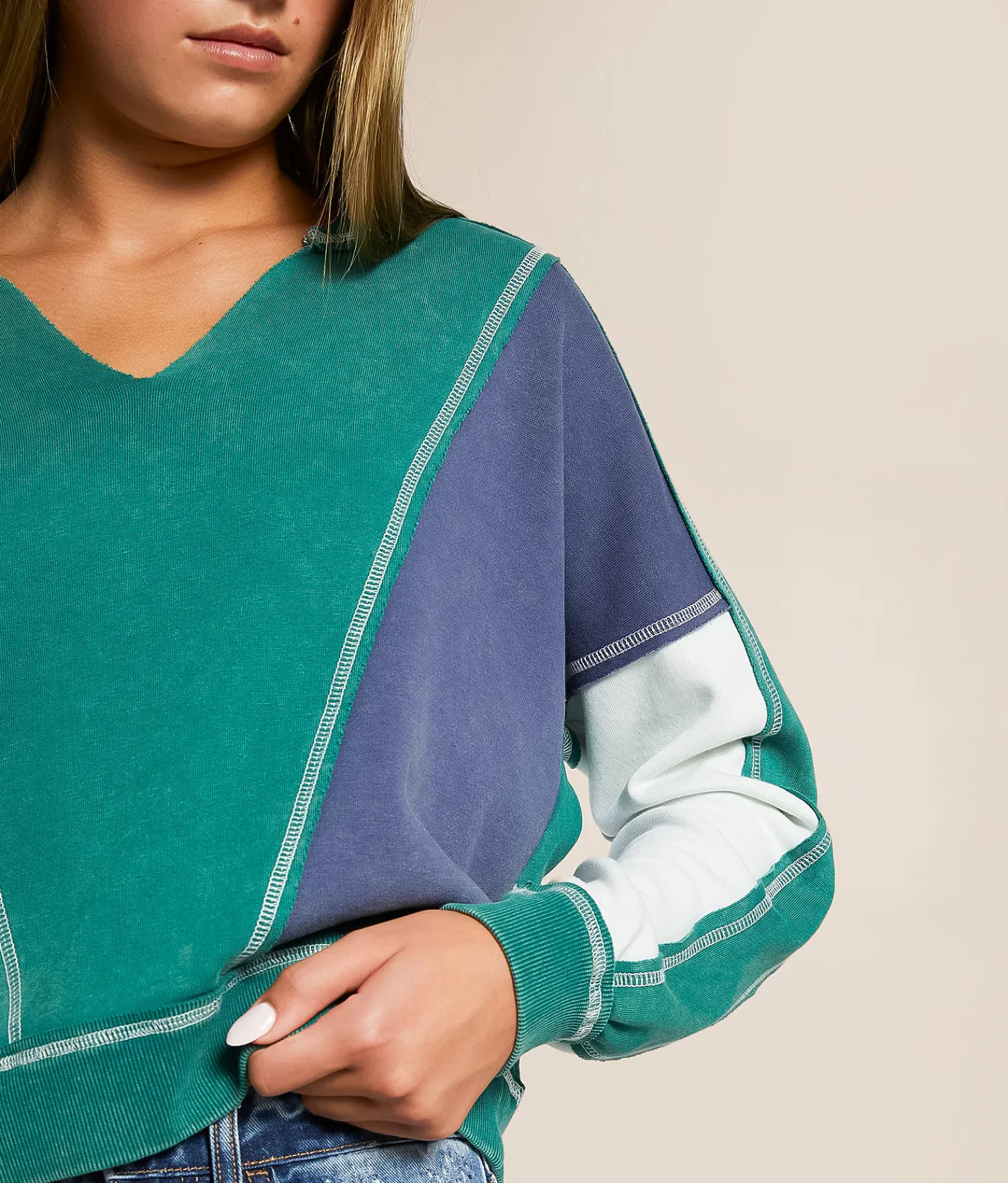 Tops | FITZ + EDDI Washed Color Block Pullover Antique Green
