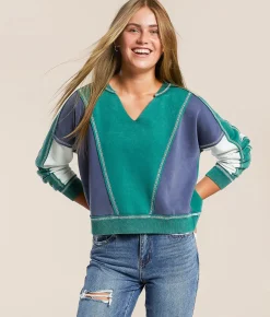 Tops | FITZ + EDDI Washed Color Block Pullover Antique Green