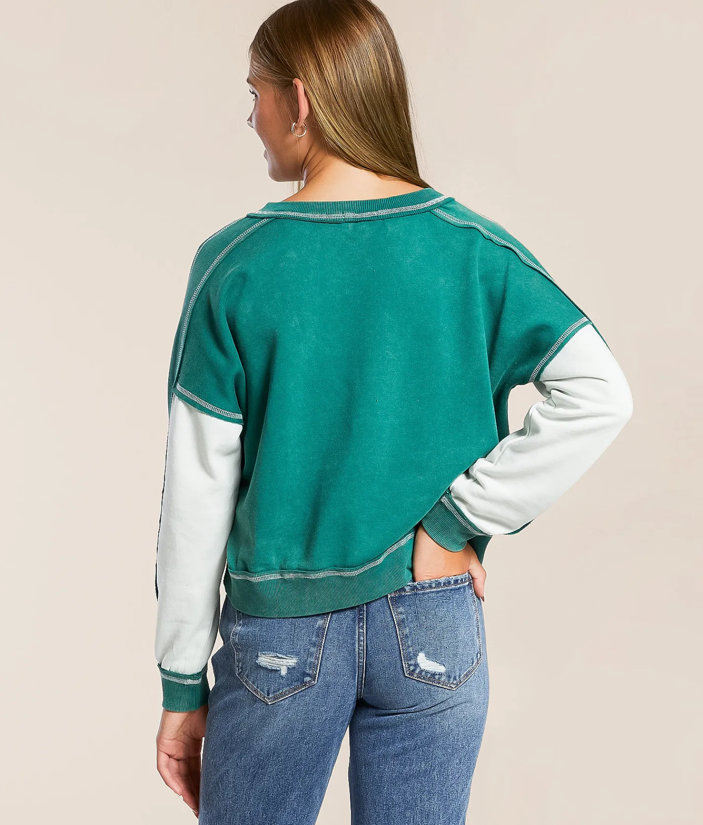 Tops | FITZ + EDDI Washed Color Block Pullover Antique Green