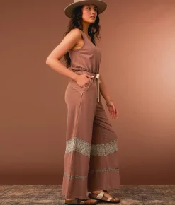 Rompers & Jumpsuits | Gimmicks Washed Crochet Inset Wide Leg Jumpsuit Deep Taupe
