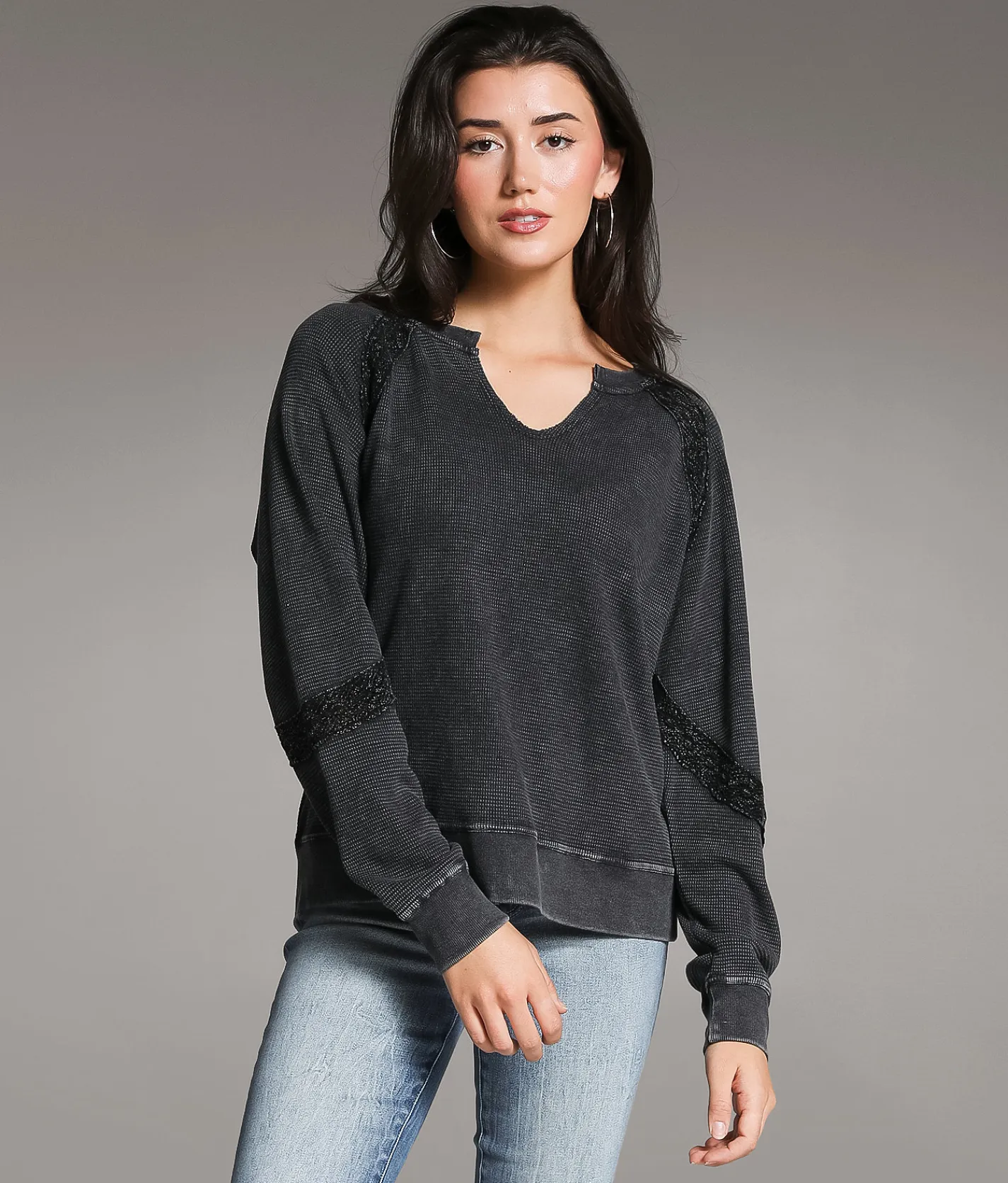 Tops | BKE Washed Crochet Thermal Washed Black