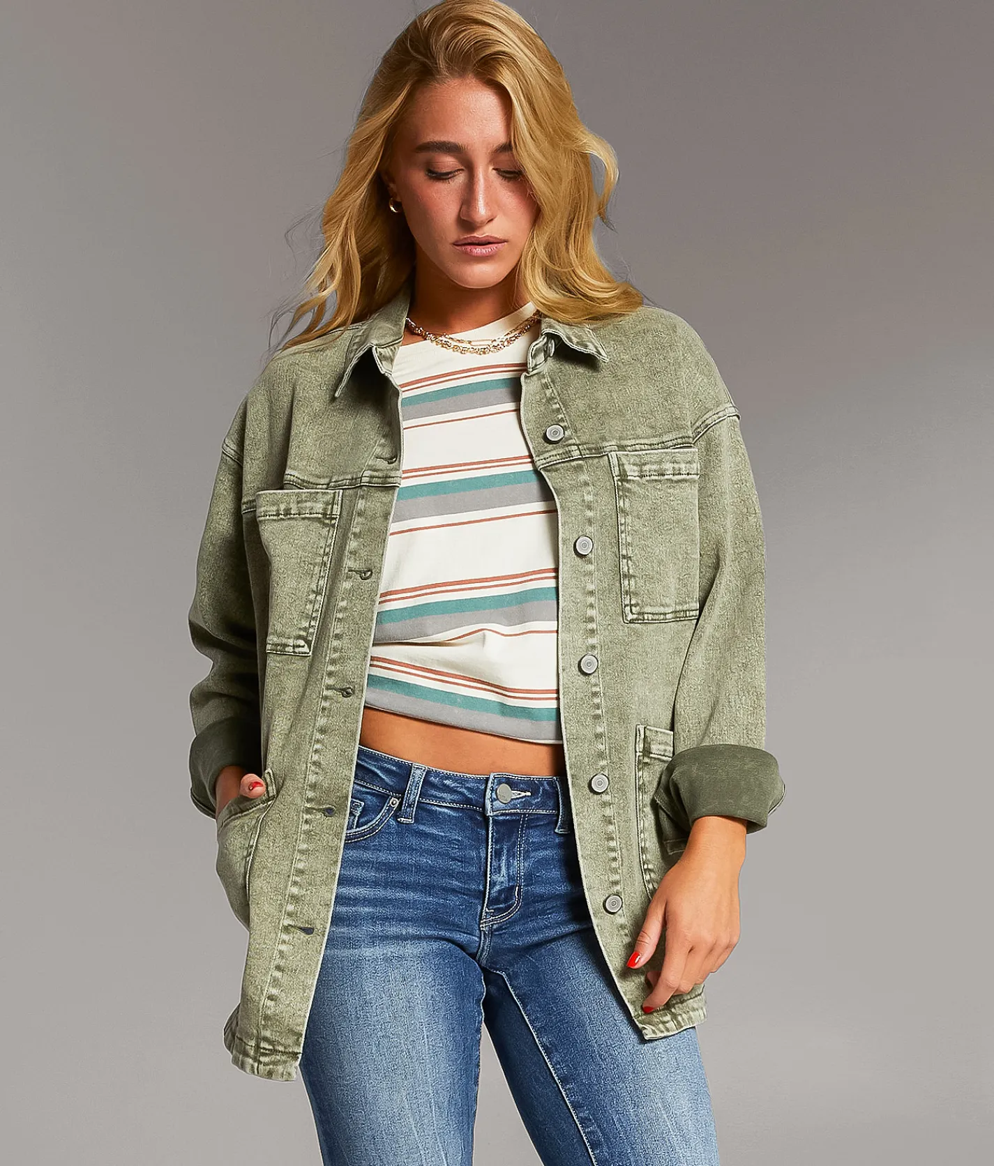 Tops|Coats & Jackets | BKE Washed Denim Barn Stretch Jacket Green