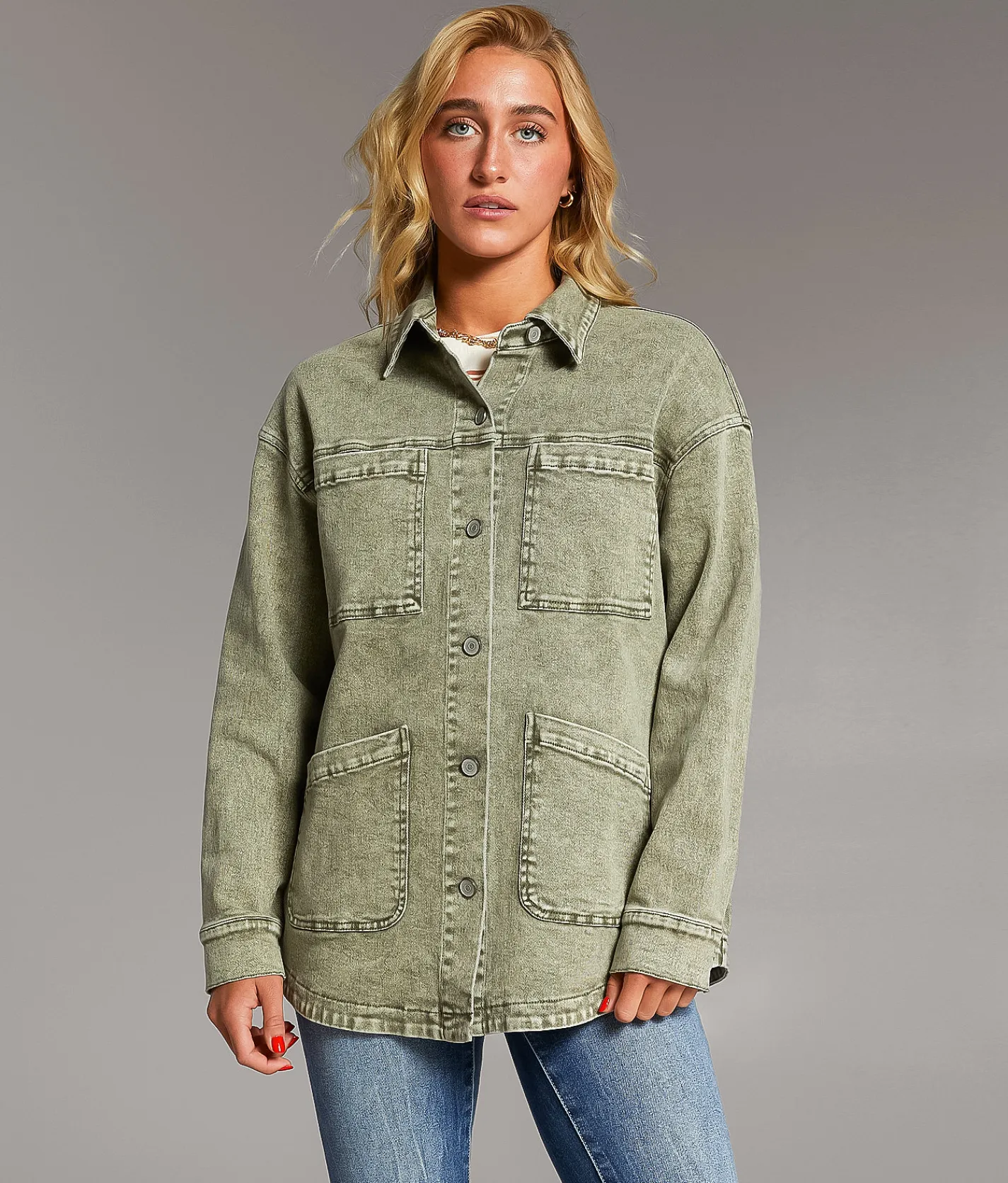 Tops|Coats & Jackets | BKE Washed Denim Barn Stretch Jacket Green