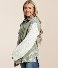 POL Washed Denim Oversized Jacket Olive Hot