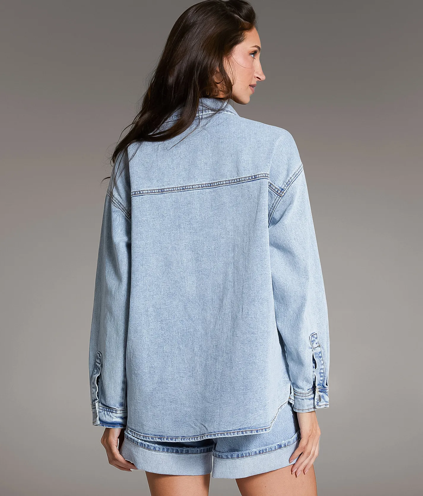BKE Washed Denim Stretch Shacket Light Blue