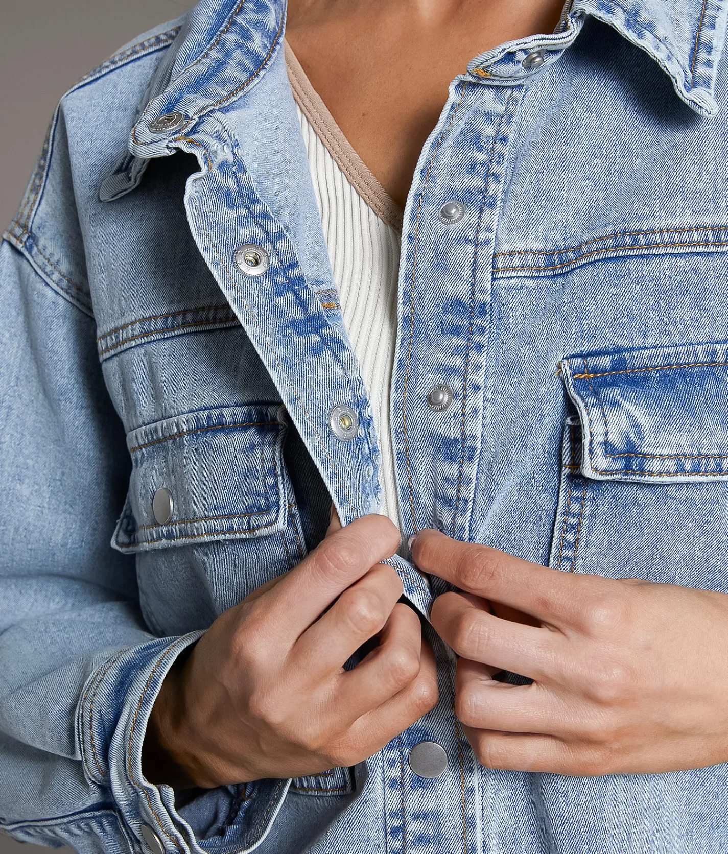 BKE Washed Denim Stretch Shacket Light Blue